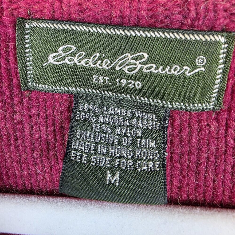 Eddie Bauer Sweater Womens Medium Red Angora V Neck Cable Knit Elbow Patch - Picture 5 of 14